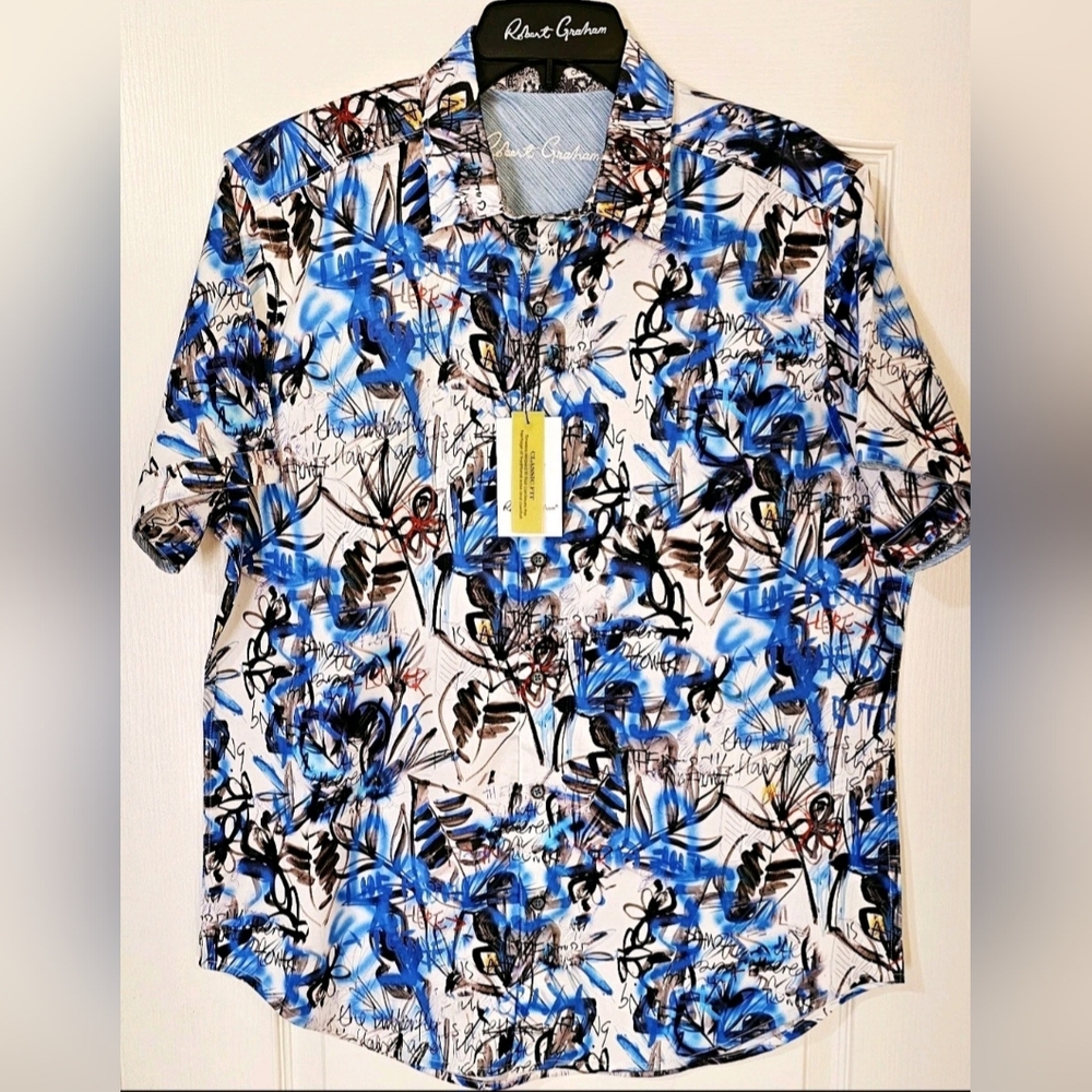 Robert Graham Blue and Black Abstract Dress Shirt Short Sleeves New With Tags.